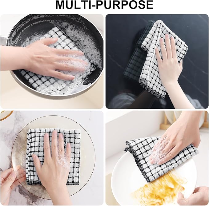 Kitinjoy Cotton 12 Pack Kitchen Towels and Dishcloths Sets, 16 x 25 Inch & 12 X 12 Inch Dish Towels Bulk, Super Soft and Absorbent Hand Towels for Kitchen Drying, Black