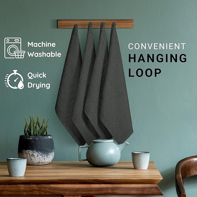 TWINY Threads Cotton Kitchen Towels, Set of 6, 18x28 Inches, Ultra Absorbent & Soft, Quick-Dry, Reusable Dish Cloths with Hanging Loop, Durable and Washable for Everyday Cleaning, Cooking, Black
