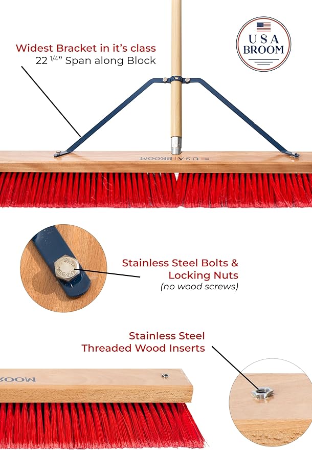 36" Everyday Sweep Indoor/Outdoor Push Broom with 60" Handle. Ideal for Garages & Shops. Durable American Made Steel Brackets-All Stainless Steel Hardware. No Plastic. 100% USA Made