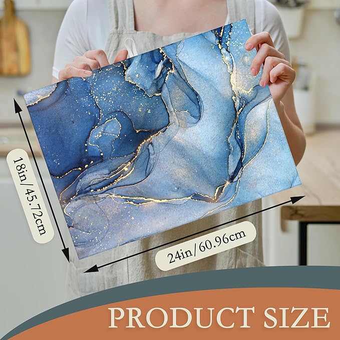 Blue Gold Marble Dish Drying Rack Mat for Kitchen Counter, Dish Drying Pad Absorbent Reversible Microfiber Protector for Coffee Bar Sink Countertops 18x24 Inch