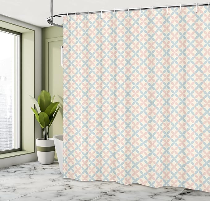 Ambesonne Shabby Flora Shower Curtain, Floral Motif Pastel Colors Flower Petals Pattern Geometric Ornate, Cloth Fabric Bathroom Decor Set with Hooks, 69" W x 70" L, Cream Salmon Pale Blue