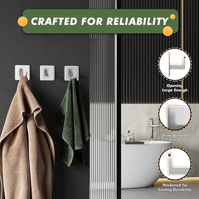 Auxmir Adhesive Hooks 15lb(Max) Towel Hooks, 5 Pack No Drilling Damage Free Wall Hooks, Thicken SUS304 Stainless Steel for Coat Robe, Waterproof Oilproof Rustproof for Bathroom Kitchen Office, Silver