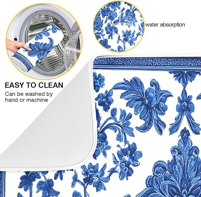 Blue White Porcelain Floral Dish Drying Mat for Kitchen Countertop 16x18 Rectangle Small Drying Mat Reusable Quick Dry Dish Sink Absorbent Mats Dishwasher Easy Clean Decorative Home Decor Essentials