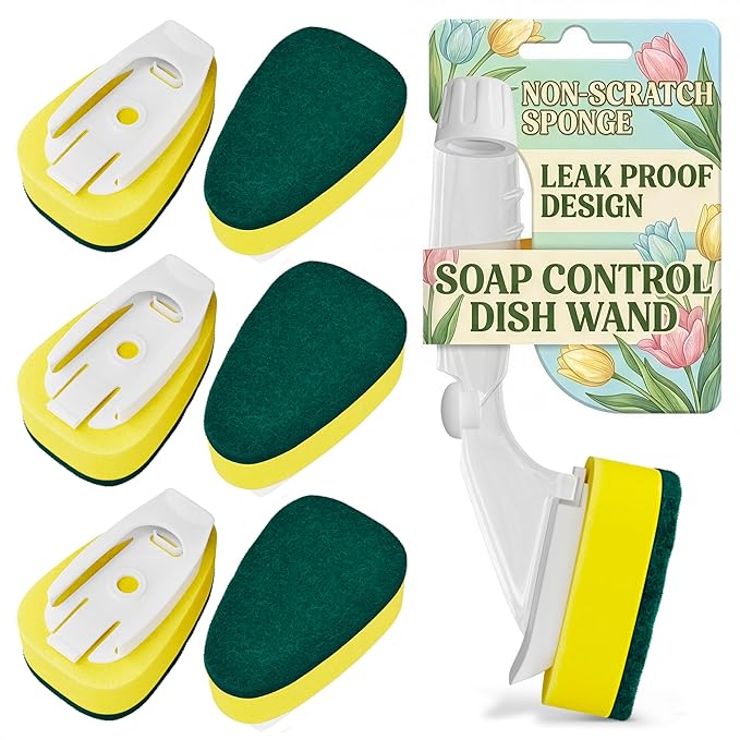 Dish Wand with Soap Dispenser - Dish Sponge with Handle for Quick Dishwashing, High-Density Non-Scratch Cellulose Head, 7 Sponge Refills Included - Leak-Proof Design for Clean & Easy Soap Control