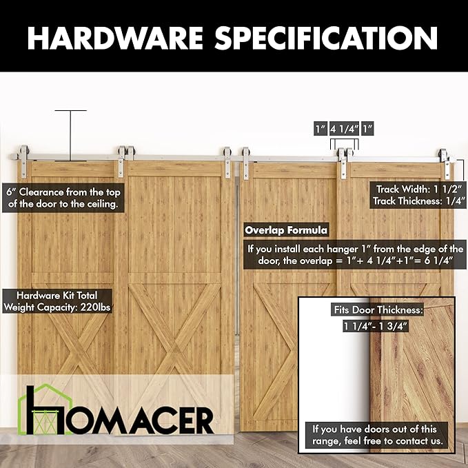 Homacer Brushed Nickel Single Track Bypass Sliding Barn Door Hardware Kit, for Four Doors, 7ft Long Flat Track, Classic Design Roller, (2 Flat+ 2 Bent Roller Set)