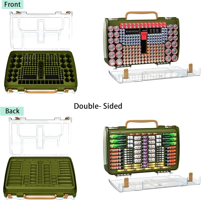 ALCYON Battery Organizer Case with Tester-Double-Sided Design for 269+ AA/AAA/C/D/9V Batteries, Portable Storage Solution for Home, Office, Workshop (Green, Case Only)