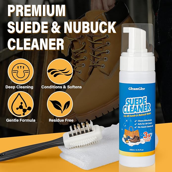 Suede Cleaning Kit 6.76oz – Effectively Removes Dirt, Stains & Water Marks – Includes Suede Brush & Microfiber Towel for Cleans & Restores Shoes, Boots, Jackets, Bags, Purses & More