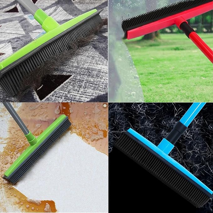 Pet Hair Rubber Broom, Rubber Broom for Pet Hair On Carpet, Pets Hairs Removal Broom with 49" Adjustable Handle, Soft Push Broom with Squeegee for Carpet, Hardwood Floor, Tile (C)