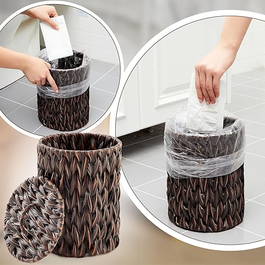 Ctosree 1.3 Gallons Small Trash Can with Lid Handle Boho Woven Braided Bathroom Waste Basket Trash Can with 100 Garbage Bags for Bedroom Office Laundry (Dark Brown,Braided Polypropylene,Round)
