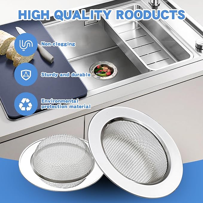 RQYEKDO Kitchen Sink Strainer Stainless Steel with Fine Mesh4.4 inch Wide Rim Drain Strainer | Fits Standard Sinks & GarbageDisposals(Silver)
