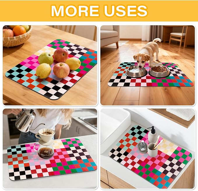 Checkered Dish Drying Mat (Colorful Chessboard, 24" x 16") for Kitchen Counter Coffee Mat Bar Accessories,Fit Uder Pot, Dish Rack,Hide Stain,Absorbent Easy Clean Colorful Dish Rack Pad