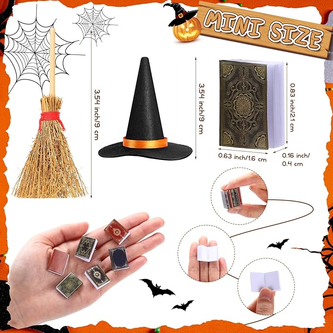 36 Pieces Mini Halloween Decorations 12 Mini Felt Witch Hats 12 Small Brooms 12 Miniature Dollhouse Books Tiny Witch Accessories Set for DIY Crafts Halloween Party Decor Supplies