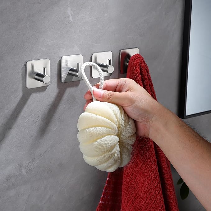 YIGII Silver Adhesive Towel Hooks - 4 Pack Stainless Steel Wall Hook for Hanging Towels, Robe, Coat, Heavy Duty Coat Hooks Stick on Bathroom, Kitchen