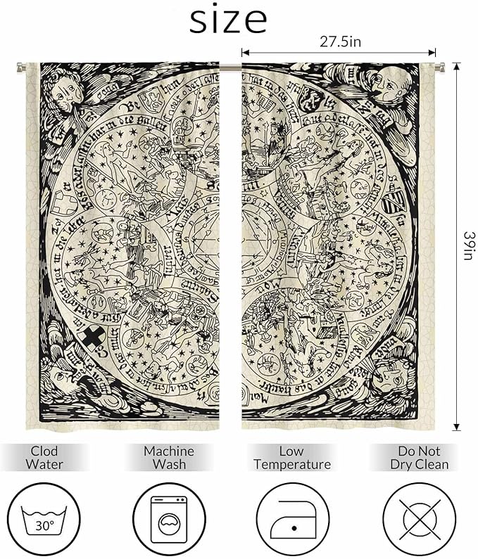Planets Kitchen Curtains Old Astrology Ink Drawing Short Tier Curtains for Bathroom Cafe Small Window Drapes Treatment 2 Panels (27.5x39 Inch)