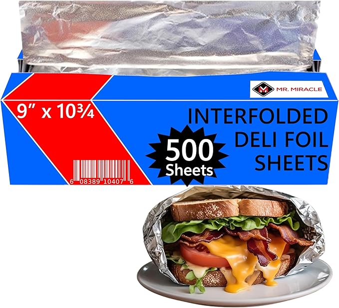 Box of 500 - Pre-Cut 9" Aluminum Foil Sheets - 9x10" Wide & Heat-Tolerant Deli Foil Sheets, 100% Aluminum, Ideal for Food Wrapping, Grilling & Freezing, Convenient Dispenser