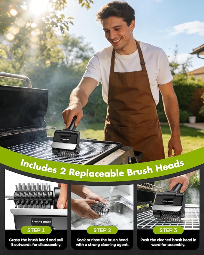 Cordless Electric BBQ Grill Cleaner – Rechargeable Electric BBQ Brush, 1500 RPM, 100-minute runtime, Comes with 1 Removable Replacement Brush Head, Suitable for Outdoor BBQ Grills.