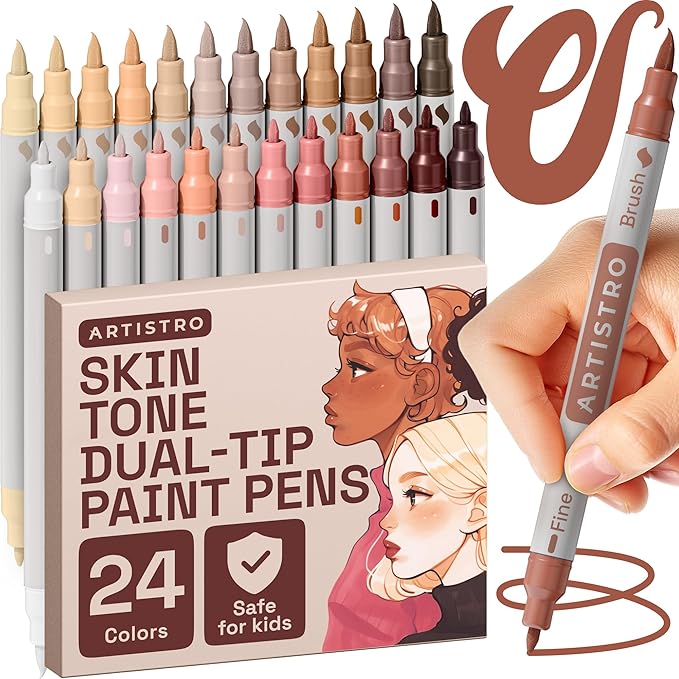 ARTISTRO 24 Skin Colors Acrylic Paint Markers - Paint Pens for Drawing, Brush + Fine Tips - For Fabric, Rock, Glass, Wood, Eggs - Art & Craft Supplies for Adults, Teens, Kids - Easter Basket Stuffers