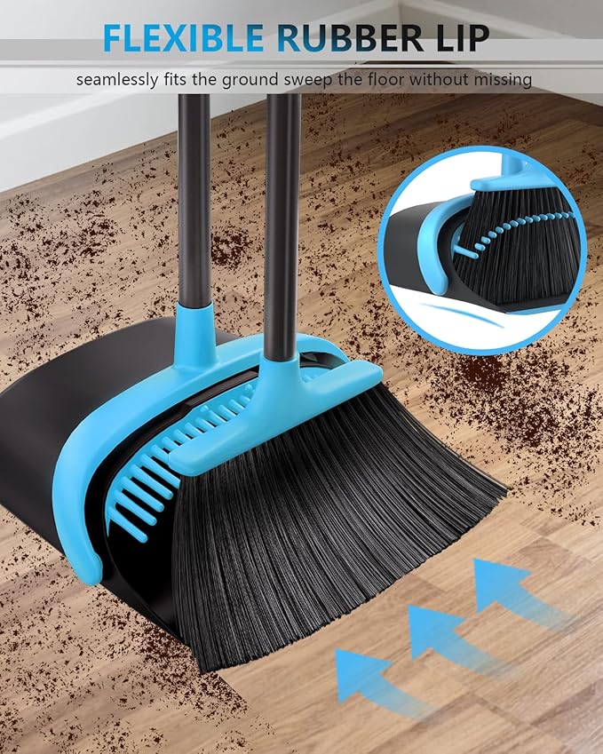 52" Long Handle Broom and Dustpan Set for Home, Kitchen, Office, Lobby Floor - Heavy Duty Standing Combo With Dust Pan