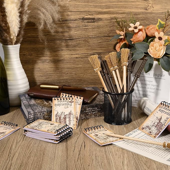 24 Pcs Magical Wizard Notepads Set Spiral Notebooks and Magic Wand Pencils Witch Broom Pencils Castle Magical Wizard School Mini Notepads Small Pocket Journal Goodie Bag Stuffers for Wizard School Classroom Favors Supplies