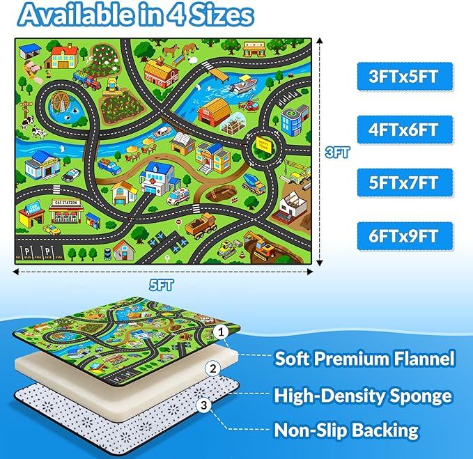 Kids Rug, 3x5 Ft City Farm Play Rug for Children, Extra Thick (0.4in) Car Carpet Play Mat with Bright Colors, Soft & Non-Slip Toy Car Mats with Roads for Kids Room, Playroom and Nursery