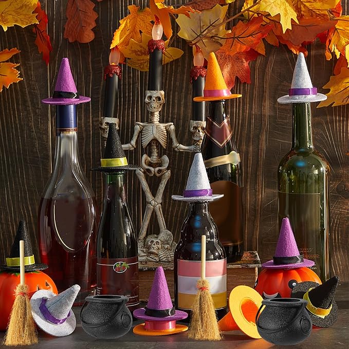 24 Pieces Wine Bottle Toppers - Mini Witch Hats, Brooms and Felt Caps for Halloween Party Favors and Crafts