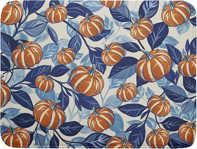 Blue Burnt Orange Fall Thanksgiving Pumpkin Dish Drying Mat for Kitchen Counter 18x24 Autumn Harvest Theme Absorbent Reversible Microfiber Drying Mats Kitchen Countertop Protector Dishes Drainer Pad