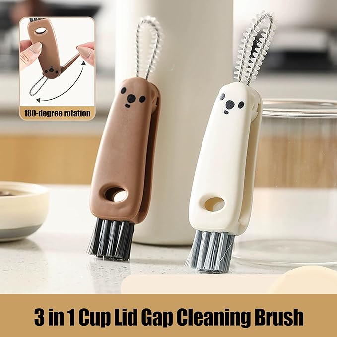 3 in 1 Cup Lid Gap Cleaning Brush Multifunctional Bottle Cleaning Brush for Water Bottle Cup Lid Gap for Gaps of Various Containers (Brown White（Bear）)