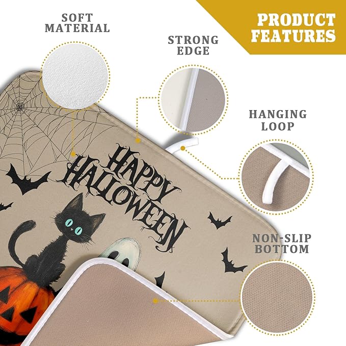 Happy Halloween Black Cat Ghost Dish Drying Mat for Kitchen Counter,Halloween Pumpkin Spiderweb Bat Drying Mat 16 x 18 Inch with High Absorbent Microfiber Drainer Mat for Coffee Bar
