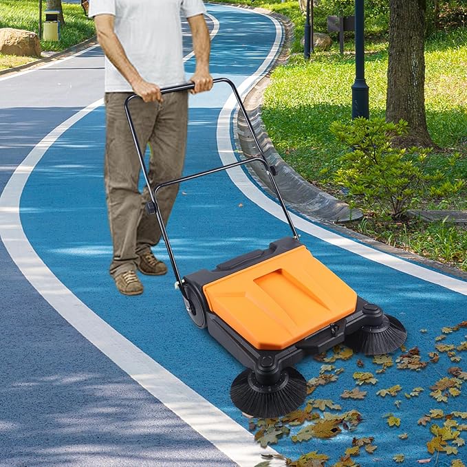 Outdoor Walk-Behind Hand Push Floor Sweeper Carpet Sweeper Manual Push Vacuum Non Electric Width Push Sweeper Adjustable Artificial Turf Vacuum for Walkway, Yard, Garage (26 Inch)