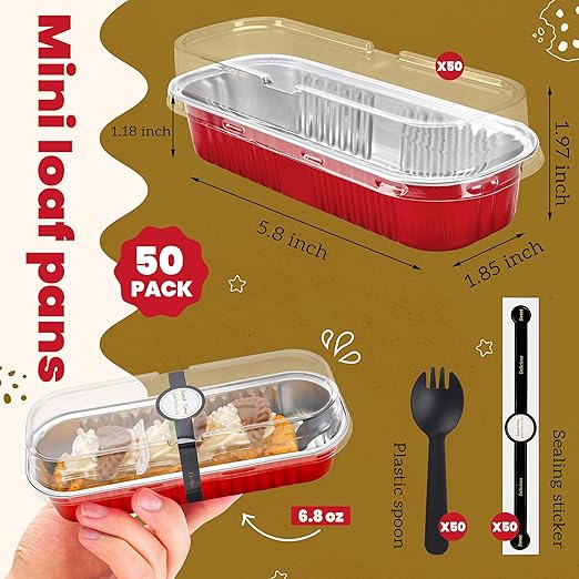 50 PACK Mini Cake Pans with Lids and Spoons, Rectangular Aluminum Foil Bread Pan, Mini Loaf Pans and Food Containers with Lids(Red, 6.8oz)