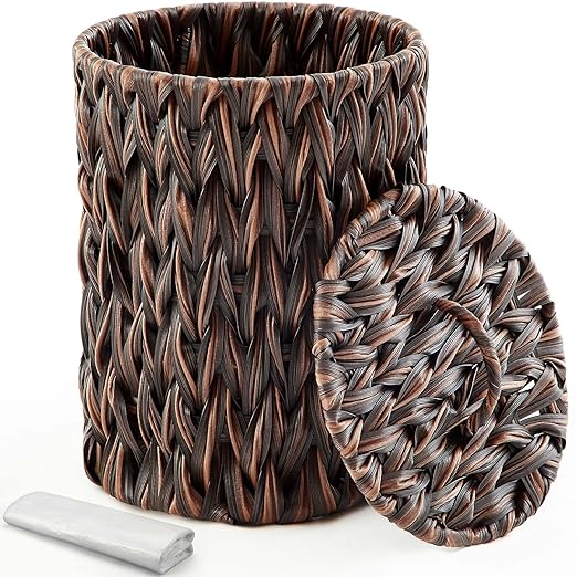 Ctosree 1.3 Gallons Small Trash Can with Lid Handle Boho Woven Braided Bathroom Waste Basket Trash Can with 100 Garbage Bags for Bedroom Office Laundry (Dark Brown,Braided Polypropylene,Round)