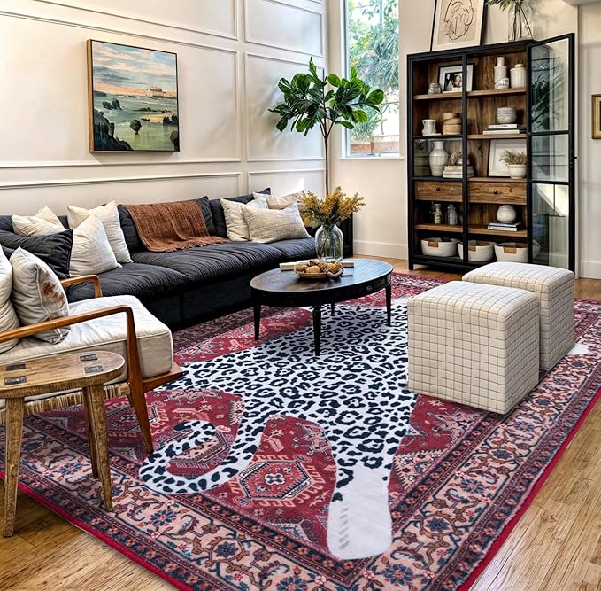 Oriental Leopard Rug 5x7 ft Washable Traditional Red Persian Rug for Bedroom Living Room, Dining Room Under Kitchen Table, Soft Non Slip Thin Rug Carpet (Red Leopard, 5X7 FT)