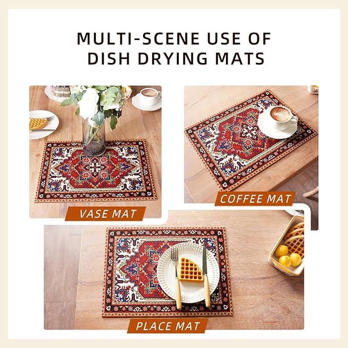 Dish Drying Mat Absorbent American Coffee Mat Rubber Backed Soft Silicone Kitchen Dish Draining Mat for Kitchen Bathroom Coffee Bar (Boho, 12 x 16 Inches)