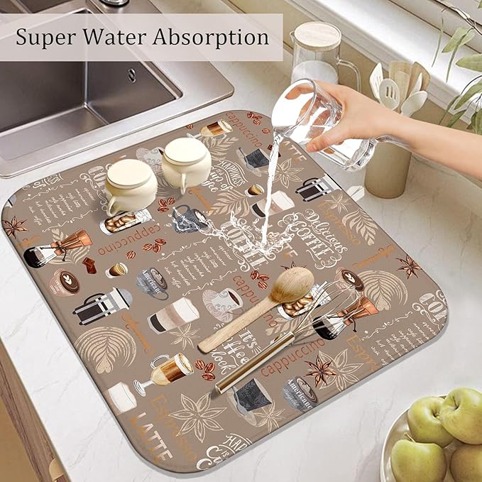 Coffee Dish Drying Mat for Kitchen Counter, Brown Farmhouse Style Microfiber Drying Mat, Washable Absorbent Kitchen Countertop Dish Draining Mat,16×18 Inch