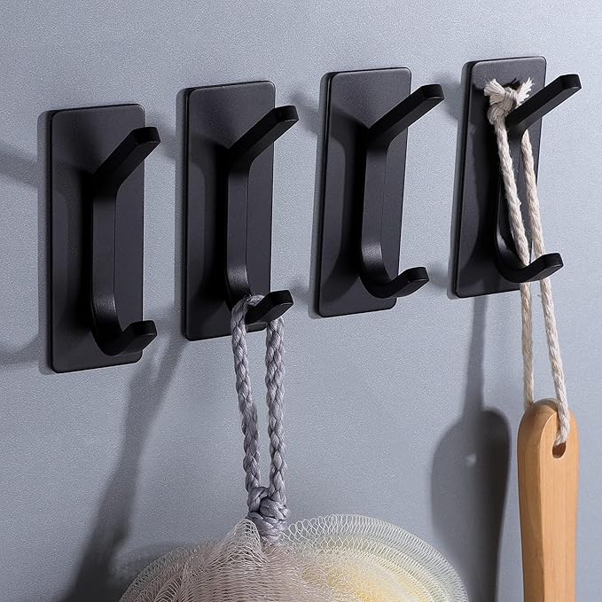 Taozun 4-Pack Black Stainless Steel Adhesive Hooks - Upgraded Strong Self-Adhesive Towel Hangers for Bathroom, Kitchen, and Bedroom