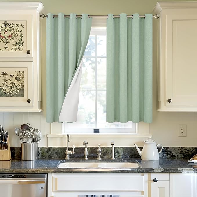 YoungsTex 54 Inch Length Linen 100% Blackout Curtains for Bedroom - Light Green Thermal Insulated Drapes with Grommet Full Room Darkening for Living Room Window, 2 Panels, 52 X 54 Inch