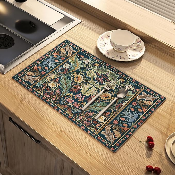 Dish Drying Mat Paisley Absorbent Coffee Mat Rubber Backed Bohemian Soft Silicone Kitchen Dish Draining Mat for Kitchen Bathroom Coffee Bar (Paisley Black, 12 x 16 Inches)