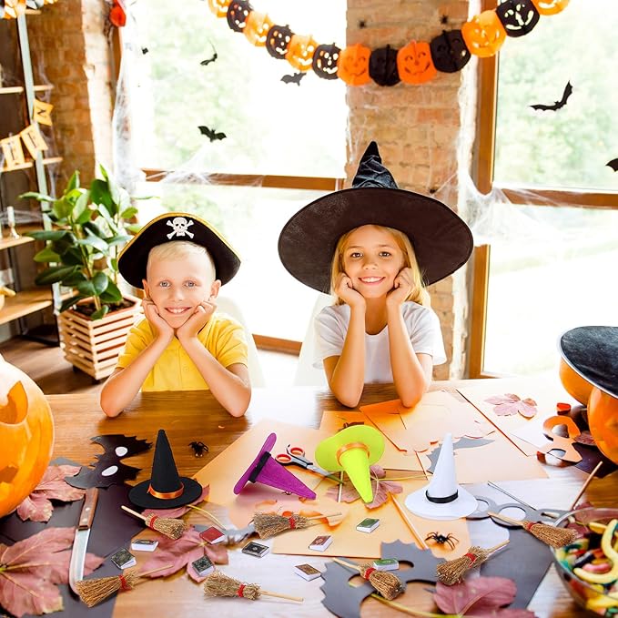 36 Pieces Mini Halloween Decorations 12 Mini Felt Witch Hats 12 Small Brooms 12 Miniature Dollhouse Books Tiny Witch Accessories Set for DIY Crafts Halloween Party Decor Supplies (Colorful)