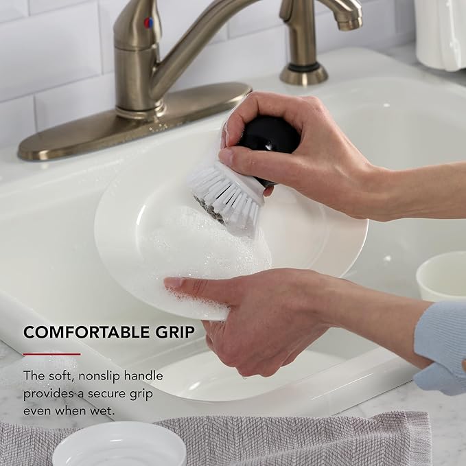 KitchenAid Palm Brush with Dish Tray to Keep Countertops Dry and Clean, Durable Nylon Bristles for Tough Cleaning, Dishwasher Safe, 2 Piece, Black