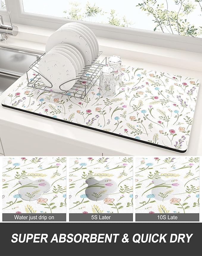 Rnivvi Dish Drying Mat for Kitchen Counter, 12 x 19" Cute Flower Theme Super Absorbent Draining Pad, Non-Slip Heat Resistant Coffee Bar Mat for Coffee Machine Station Accessories, White Dish Rack Pad