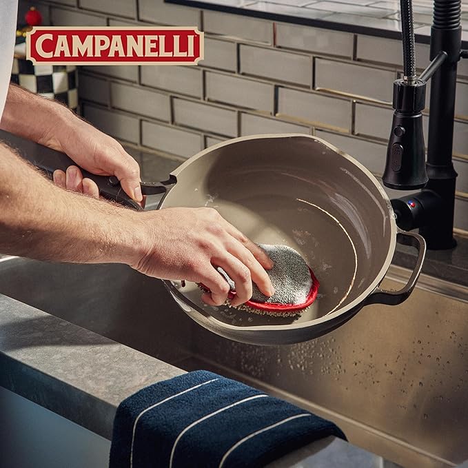 CAMPANELLI Premium Dual-Sided Dish Sponge | Chenille Microfiber & DiamondFiber Scrubber, Washable Reusable Sponges for Dishes Pots & Pans, Ergonomic Grip | 3 Pack - Taupe Gray Red