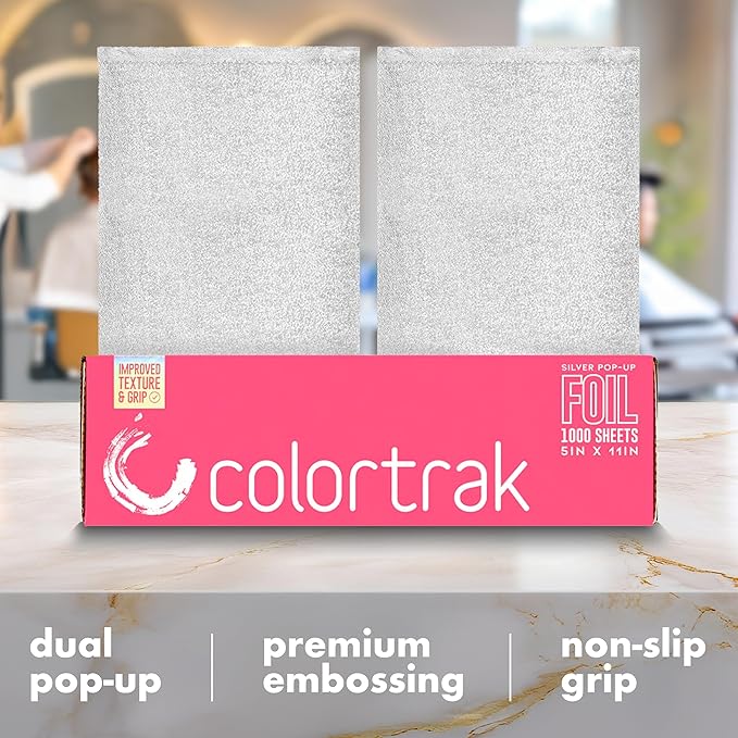 Colortrak Embossed Sheets Silver Aluminum Foil Pop-up Dispenser, 8 Boxes (8000 Pre-cut Sheets) Non-slip Textured Silver 5 x 11 Sheets for Hair Foil Coloring and Highlighting Sheet Applications