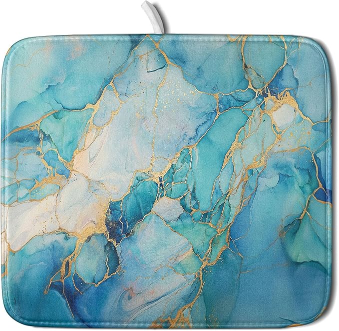 Marble Print Dish Drying Mat for Kitchen Counter,Blue Teal Turquoise Gold Drying Mat 16 x 18 Inch with Absorbent Reversible Microfiber Drying Pad for Coffee Bar