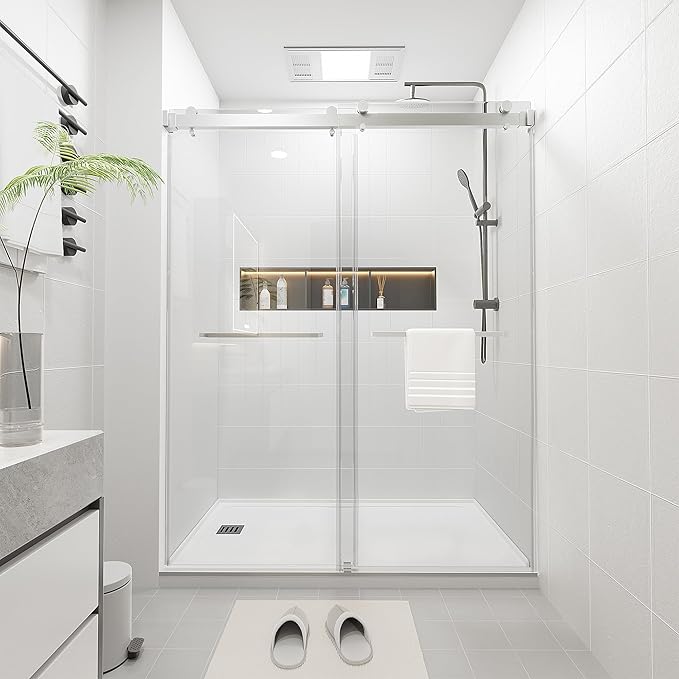 Shower Door 68–72in W x 76 in H, 3/8" Tempered Glass Double Sliding Shower Door, Frameless Chrome, Reversible Installation, Exquisite Rolling Track Design for Modern Bathroom