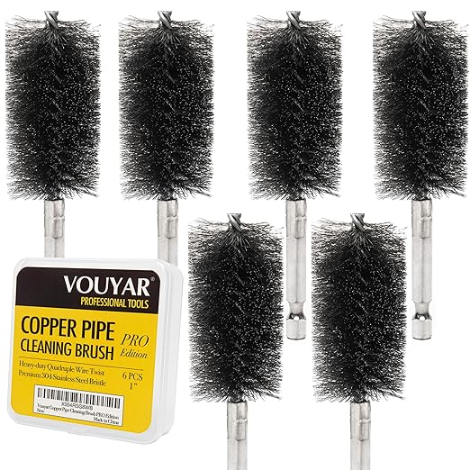 Quadruple Wire Twist Professional ID Copper Tube Pipe Cleaner for Fittings 6pcs, 1” Pipe Cleaning Brush Set, Stainless Steel Wire Bore Brushes for Power Drill, 1/4 Inch Hex Shank
