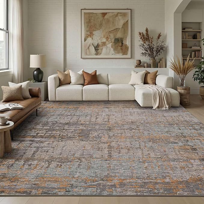 10x14 Extra Large Washable Area Rug, Soft Abstract Vintage Rug for Living Room, Bedroom, Office, Farmhouse, Low Pile Imitation Wool Non Slip Carpet Ideal for High-Traffic Areas, Taupe