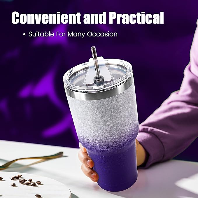 D·S 30 oz Tumbler Purple Glitter Gradient Cup Stainless Steel Double Wall Vacuum Insulated Mug with Straw and Lid, Cleaning Brush for Cold and Hot Beverages