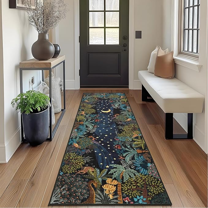 GarveeHome 2.5x8 Jungle Hallway Runner Rug, Soft Green Animal Long Kitchen Runner Non Slip Entryway Rug Farmhouse Thin Laundry Mat Stain Resistant Carpet for Bathroom Beside