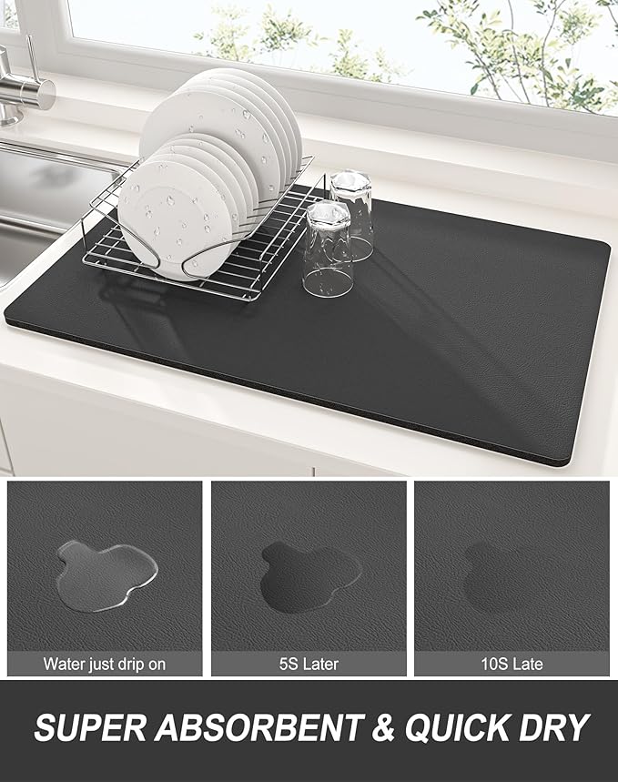 Rnivvi Dish Drying Mat for Kitchen Counter, XL 15 x 24" Super Absorbent Drainer Pad Easy Clean Dish Rack Pad, Non-Slip Heat Resistant Coffee Bar Mats for Coffee Machine Station Accessories Decor, Gray