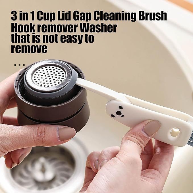 3 in 1 Cup Lid Gap Cleaning Brush Multifunctional Bottle Cleaning Brush for Water Bottle Cup Lid Gap for Gaps of Various Containers (Brown White（Bear）)